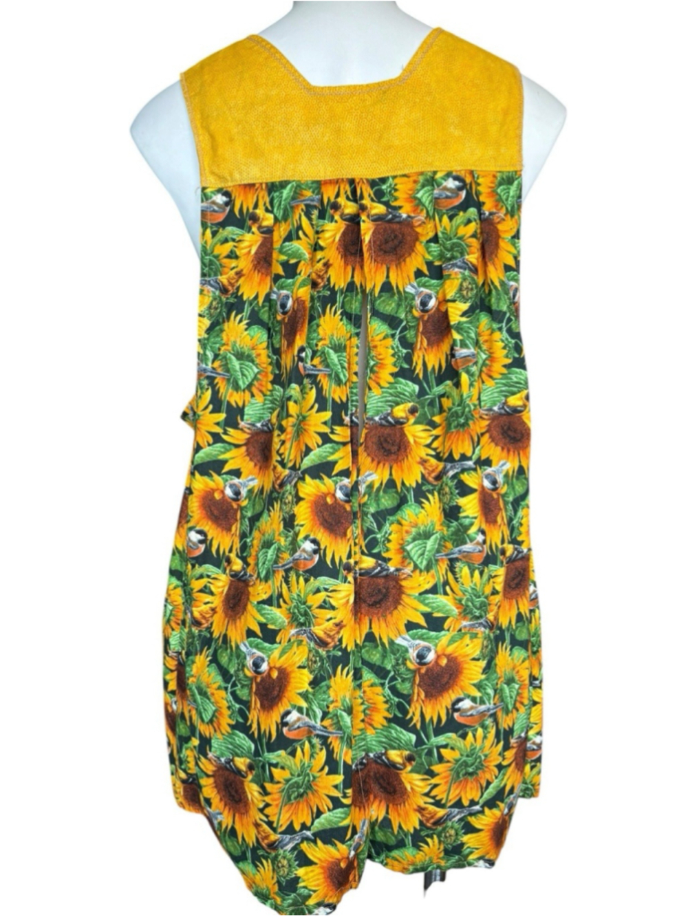 Handmade Sunflower Bird Print Smock Apron Pinafore Open Back Pockets Vintage